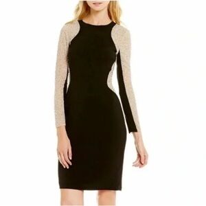 XSCAPE | Crystals Embellished Mesh-Trimmed Sheath Black Evening Dress Size 10